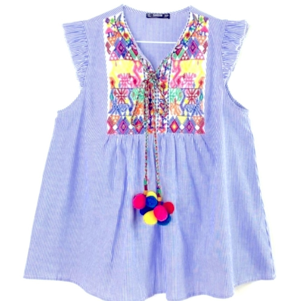 BOHO EMBROIDERED LOOSE FITTING TOP WITH TIES ABD POM POMS-L